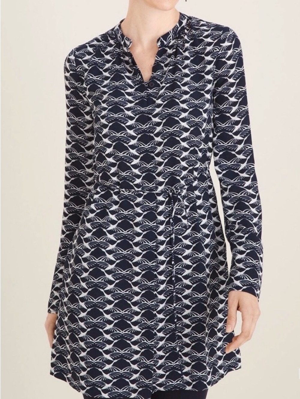 Chicos Tunic/ Mini Dress Crepe Bird Navy Blue White Size 1 US Medium New